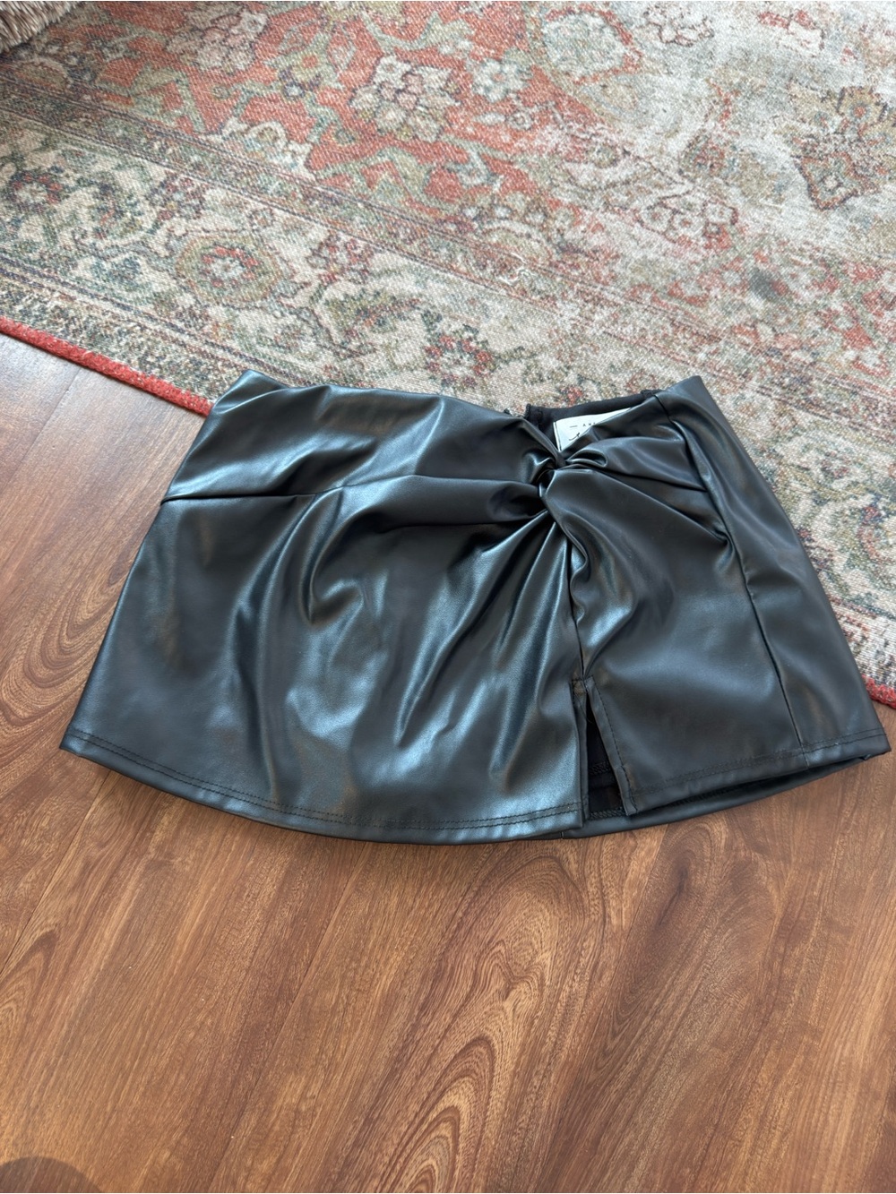 American Threads Black Faux Leather Mini Skirt with Knotted Front